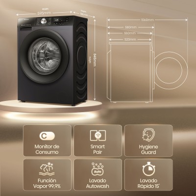 Lavadora carga frontal Hisense WF3S9043BB3, Negra, Clase A - 30%, 9 Kg, 1400 rpm, Conectividad WiFi, Programación Asistida