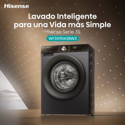 Lavadora carga frontal Hisense WF3S9043BB3, Negra, Clase A - 30%, 9 Kg, 1400 rpm, Conectividad WiFi, Programación Asistida