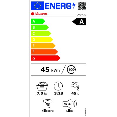 Lavadora Johnson Gama DUERO, Duero70, 7Kg, 1400rpm, Eficiencia energética A, 16 programas, vapCare