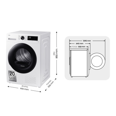 Samsung Secadora con Bomba de Calor 9Kg Blanca con OptimalDry™ Clase A+++ DV90CGC2A0AEEC