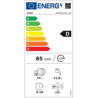 Lavavajillas Midea MFD60S200W.1-ES, Blanco, independiente, 60 cm, 14 cubiertos, D, Tapa extraíble (Alto, 81.5 cm)