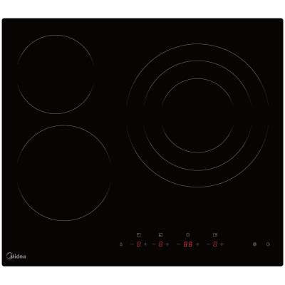 Placa vitrocerámica Midea MCH522T219K0, 60 cm, Potencia total 6.200 W, 3 Zonas (1 triple de 30 cm), Negra