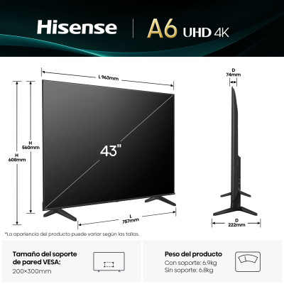 Hisense 43A6Q Televisor 109,2 cm (43") 4K Ultra HD Smart TV Wifi Negro 300 cd   m²