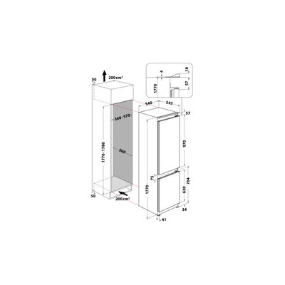 Frigorífico Combi Integrable Whirlpool WHC18D031A1, 268 L, Less Frost, Fresh Box+, 177 x54 x54.5 (cm), E, Blanco Frigorífico Combi Integrable Whirlpool WHC18D031A1, 268 L, Less Frost, Fresh Box+, 177 x54 x54.5 (cm), E, Blanco