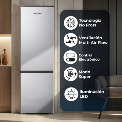 Frigorífico Combi Hyundai HCB18155NEI00, 255L, No Frost, Multi Air Flow, E,180 x 55 (cm), Color Inox, Control Electrónico