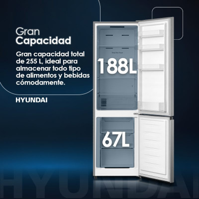 Frigorífico Combi Hyundai HCB18155NEI00, 255L, No Frost, Multi Air Flow, E,180 x 55 (cm), Color Inox, Control Electrónico