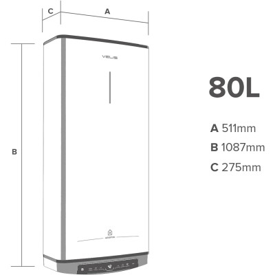 Termo eléctrico Ariston VELIS PRO WIFI 80, Depósito Horizontal/Vertical, 80L, 1500 W, 8 Bar, Wifi, B, diseño plano y compacto
